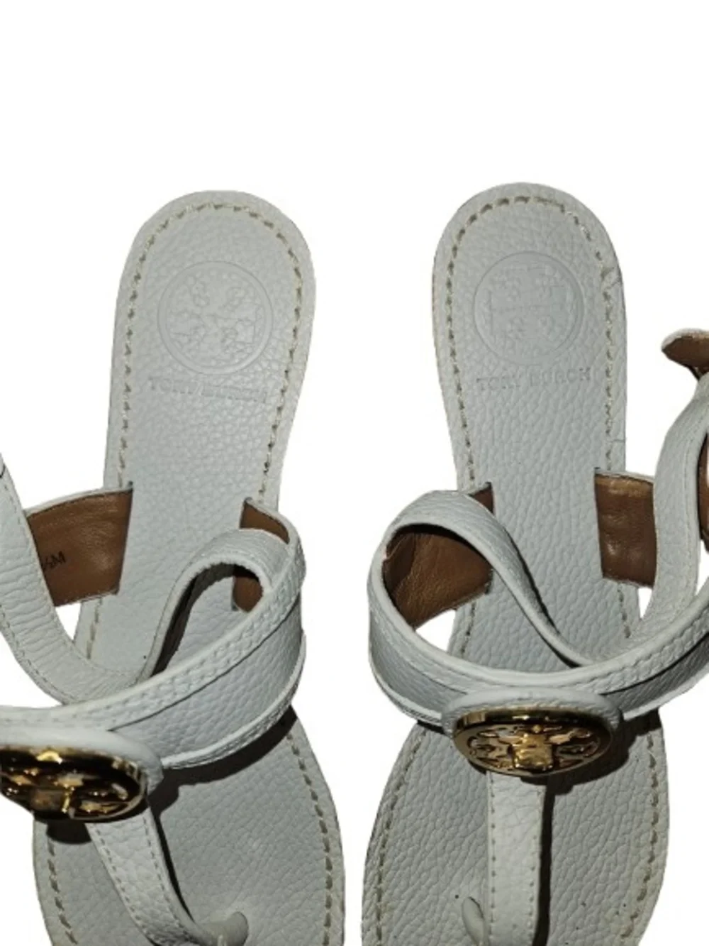 Tory Burch Selma White Leather Slingback Thong Flat Sandals Gold Logo Size 7.5